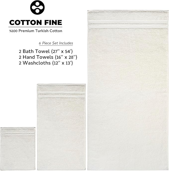 Premium 6 Piece Towel Set, 2 Bath Towel, 2 Hand Towels, 2 Washcloths, 100% Turkish Cotton Soft Absorbent Towels (Cream White, 6 Piece Towel Set)