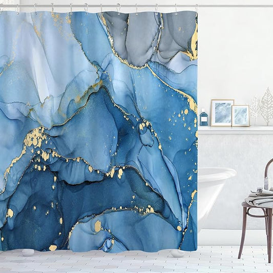Blue Marble Shower Curtain, Modern Abstract Fabric Shower Curtains for Bathroom, Luxury Art Ink Texture Watercolor Shower Curtain Set with Hooks 72x72