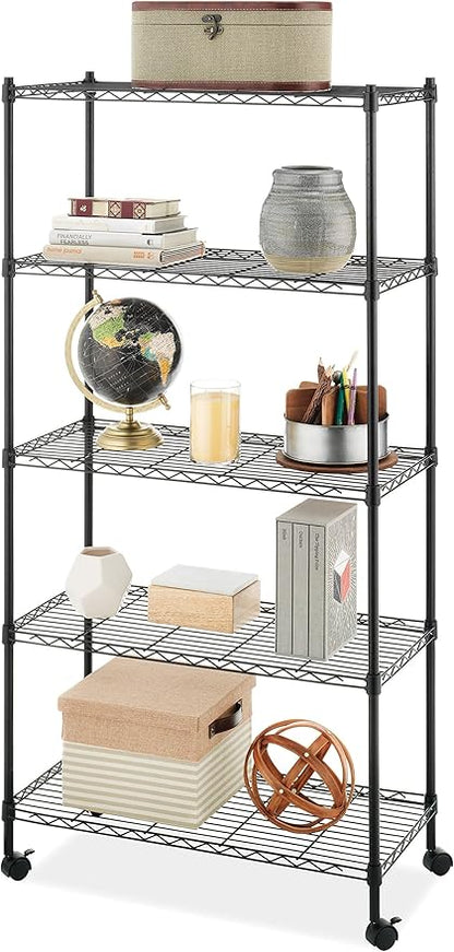 Whitmor 5 Tier Supreme Shelving Unit, Metal Storage Shelves, Adjustable Heavy Duty Shelf with Wheels, 400 lbs Capacity per Shelf, 2000 lbs Total for Pantry, Garage, Kitchen, Black