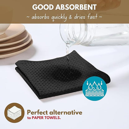 Native Fab Cotton Kitchen Towel with Hanging Loop 16x26 inches, 4-Pack, Waffle Weave Kitchen Towels for Cleaning Drying, Washcloths Soft & Absorbent Cloth Rags, Bar Towel, Dish Cloth, Black