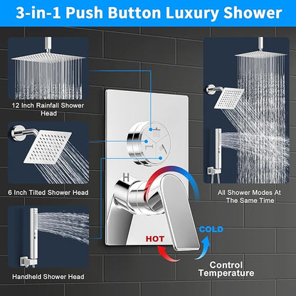 Shower Faucet Set, 3-Setting Push Button Polish Chrome Shower System, 12 Inch Ceiling Mounted Shower Head, 6 Inch Wall Mounted Rain Shower Head with 2 in 1 Handheld Spray, Shower Valve Trim Kit