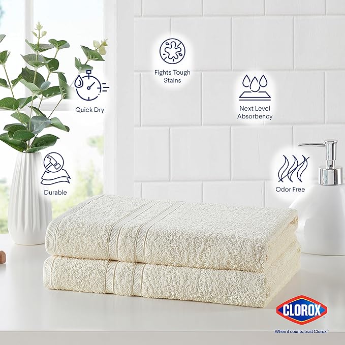 Clorox Bleach Friendly Towels, Quick Dry, 100% Cotton Bath Towels (30" x 52"), Highly Absorbent Soft Lightweight, Ideal for Everyday Use, Easy to Wash (2 Pack, Ivory)