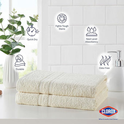 Clorox Bleach Friendly Towels, Quick Dry, 100% Cotton Bath Towels (30" x 52"), Highly Absorbent Soft Lightweight, Ideal for Everyday Use, Easy to Wash (2 Pack, Ivory)