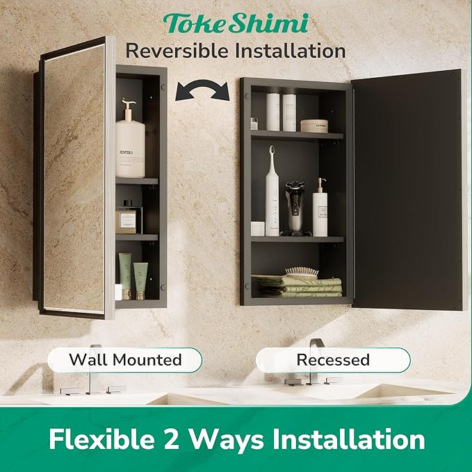 TokeShimi 26x30 Recessed or Surface Mounted Medicine Cabinet Mirror, Aluminum Framed Metal Mirror with Storage Adjustable, Brushed Nickel Bathroom Medicine Cabinet Mirrored Beveled Modern