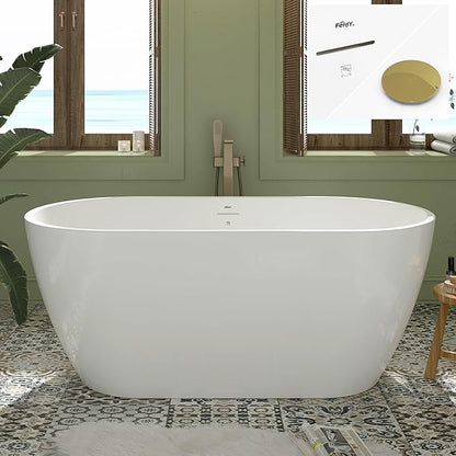 FerdY 59" Bali Elite Acrylic Freestanding Bathtub, Gracefully Shaped Freestanding Soaking Bathtub, cUPC Certified, Toe-Tap Polished Gold Drain and Minimalist Linear Design Overflow Included