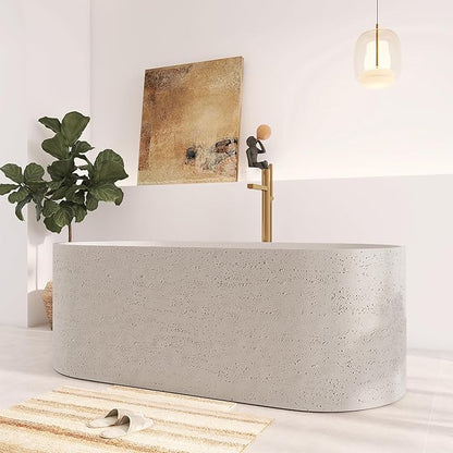 63" Premium Travertine Solid Surface Freestanding Bathtub, Unique Matte Textured Surface Stone Resin Soaking Tub with Pop-up Drain