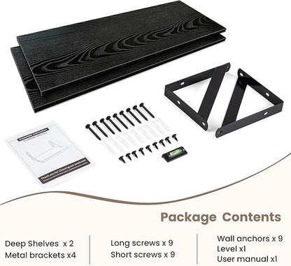 Dreamland Deep Floating Shelves for Wall, 30W x 8D Wall Shelves, Set of 2, 30 inch Floating Shelf with Sturdy Metal Brackets for Living Room, Bathroom, Bedroom and Kitchen, Black