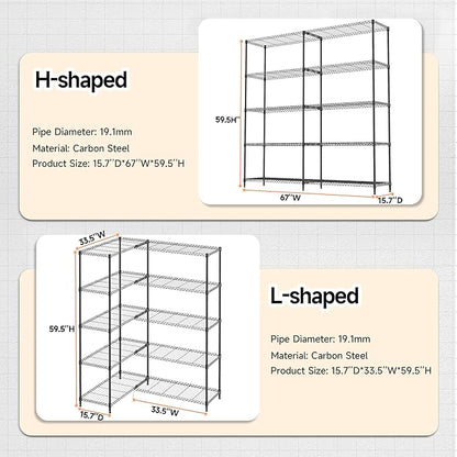 5 Tiers Storage Shelves Load 1500LBS, Metal Shelving Wire Metal Shelving Unit Shelves for Storage Adjustable Garage Shelving for Pantry Kitchen Garage Black 15.8" D x 33.5" W x 70.5" H