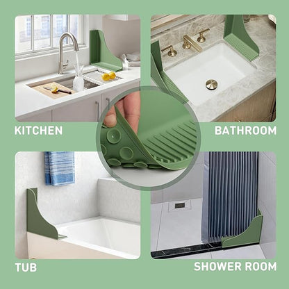 Roslim 2-Pack All-Silicone Shower Splash Guard, Bath Tub Corner Water Blocker with Strong Suction Cups, Reusable & No Sticky Adhesive, for a Secure Seal & Easy Removal, One-Piece Design, Olive Green