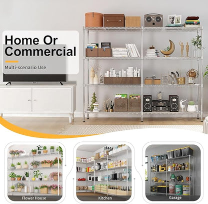 4 Tier Storage Racks Shelving, Heavy Steel Pantry Shelves, Adjustable Wire Shelving Rack, Suitable for Garage, Kitchens, Offices, 57.9" W x 13.8" D x 59" H, Chrome