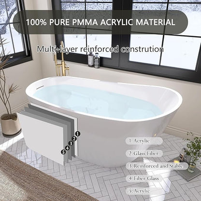 59" Free Standing Tub, Pure Acrylic Freestanding Bathtub, Stylish Stand Alone Contemporary Deep Soaking Bath Tub, cUPC Certified SY9950 (Glossy White)