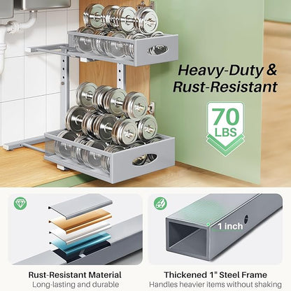 Under Sink Organizer, 2-Pack Pull Out Cabinet Organizer 2 Tier Metal Slide Out Storage Shelf Rack, L-Shaped Adjustable Height,Mesh Sliding Drawer for Kitchen, Bathroom, Laundry, Pantry, Grey, XL