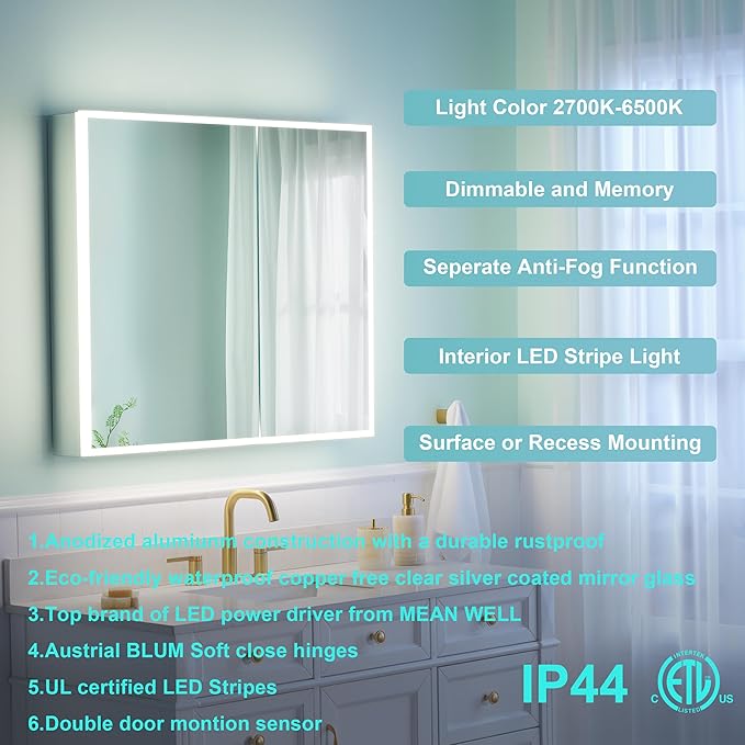 WELLFOR 36" X 30" Medicine Cabinet with Lights, 3X Magnification, Anti-Fog Mirrored Cabinet, Double Doors with Mirror, Bathroom Vanity Medicine Cabinet with Outlets & USB Ports