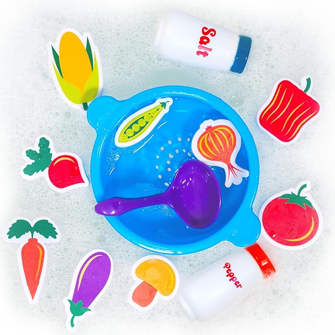 Tub Works® Tub Soup™ Scoop, Strain & Play Toddler Bath Toy | Floating Foam Veggies, Ladle for Scooping & Soup Pot for Straining | Pretend Play Cooking Kids Bath Toys | Creative Bathtub Toys