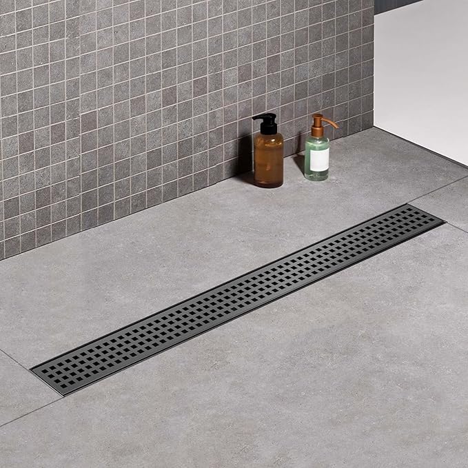 Offset Linear Shower Drain, Matte Black Shower Drain 32 inch with Removable Grate Cover, Brushed 304 Stainless Steel Side Outlet Black Shower Floor Drain with Hair Catcher and Leveling Feet