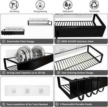 Shower Caddy, Adhesive Shower Organizer with Hooks, Shower Shelves for Inside Shower, No Drilling Shower Rack Holder, Shower Storage for Bathroom, Kitchen Spice Rack-2 Pack Black