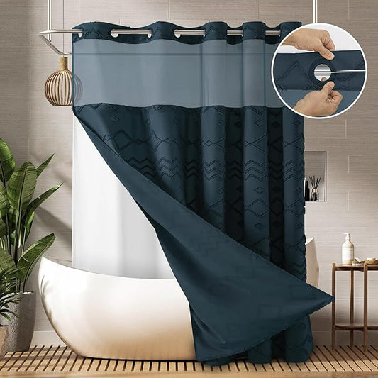 No Hooks Shower Curtain with Snap-in Liner, Navy Boho Tufted Chevron Striped Textured Shower Curtains for Bathroom, Water Repellent Luxury Shower Curtain, 72Wx74H