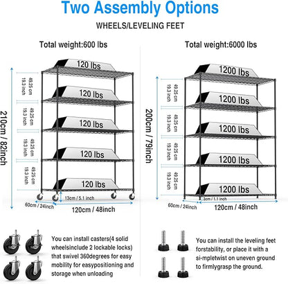 Wire Shelving Unit 5 Tier NSF Metal Shelf,6000lbs Capacity Heavy Duty Adjustable Storage Rack with Wheels & Shelf Liners for Commercial Grade Utility Steel Storage Rack, 82" H x 48" L x 24" D - Black
