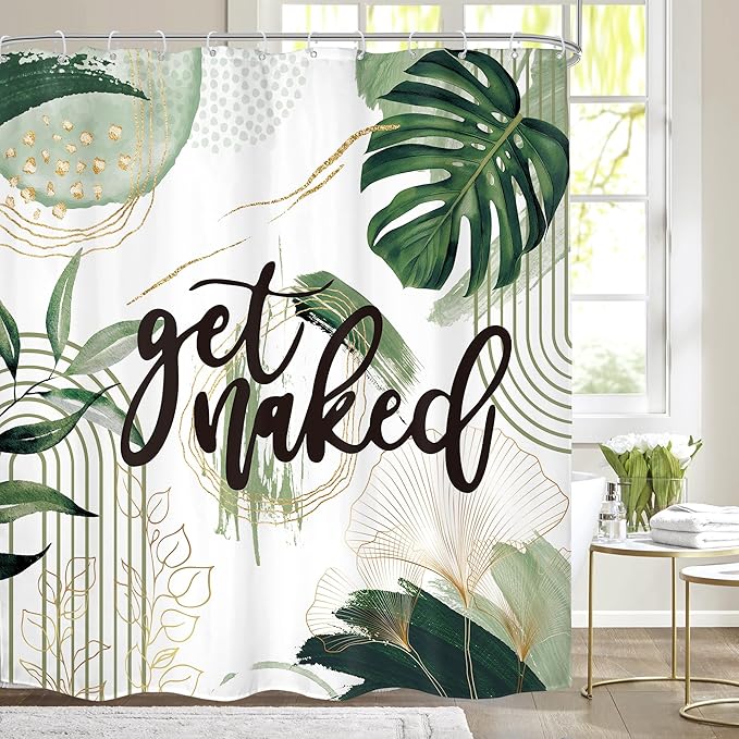 Green Boho Shower Curtain 72Wx72H Sage Green Golden Get Naked Abstract Minimalist Aesthetic Bohemian Bathroom Decor Modern Contemporary Plant Neutral Bath Curtain Fabric Polyester 12 Pack Hooks