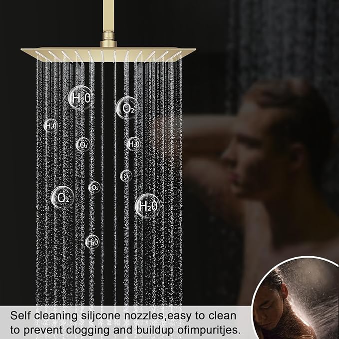 Temperature Display Brushed Gold Shower System Set, Push Button Shower Faucet with 2 Rainfall Shower Head(12+8 inch), with Handheld Shower