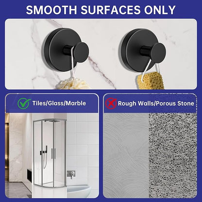 luckin smile Suction Cup Hooks for Shower, No-Drill Removable Towel Hook for Bathrooms, Shower Hooks, Suitable for Bathrooms, Kitchens, Windows, Glass, Powerful Suction Cup Hook (4, Black)
