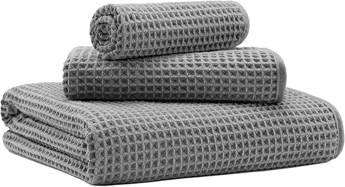 New Microfiber Waffle Bath Towels, 3 Pieces, Oversized, Soft, Absorbent, Fast Drying, Lint Free, Includes Bath, Face and Hand Towels