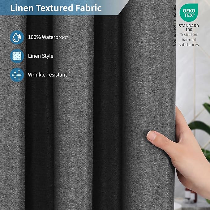 2-in-1 Waterproof Long Fabric Shower Curtain or Liner,Linen Textured,78 Inch Breathable TPU & Washable Bathroom Shower Curtain Set with 12 Plastic Hooks,Modern,72"x78" Charcoalgrey
