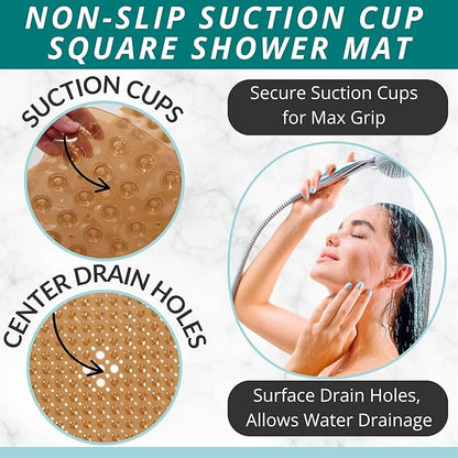 ENKOSI Square Shower Mat – 21 x 21 Inch Non-Slip Bathroom Shower Stall Mat with Suction Cups and Drain Holes – Anti-Slip Bathtub Shower Mats for Inside Shower (21x21 Clear Brown)