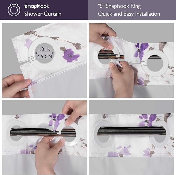 Lagute SnapHook Hook Free Shower Curtain with Snap-in Liner & See Through Top Window | Hotel Grade, Machine Washable | 71Wx74L, Purple Blossom