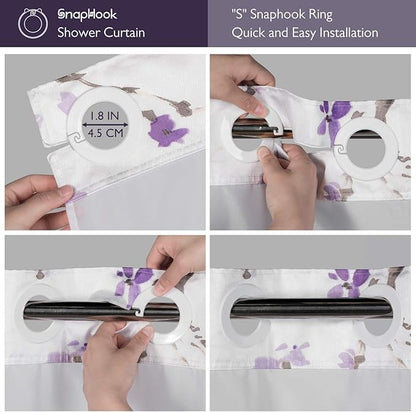 Lagute SnapHook Hook Free Shower Curtain with Snap-in Liner & See Through Top Window | Hotel Grade, Machine Washable | 71Wx74L, Purple Blossom