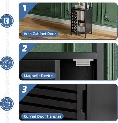HITNET Bamboo Floor Cabinet, Small Bathroom Cabinet Floor Standing, 4 Tier Narrow Side Storage Cabinet, Space Saving Kitchen Cupboard with Single Door, Black