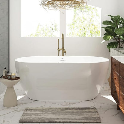 FerdY Nauru 59" Freestanding Bathtub,Gracefully Shaped Freestanding Soaking tub, Glossy White, cUPC Certified, Chrome Drain & Classic Slooted Overflow Assembly Included