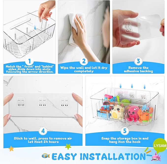 Lysam Bath Toy Storage 2 Packs, Large Bath Toy Holder with 3 Compartment, Quick Dry Bathtub Toy Organizer, Bath Tub Toy Net, Shower Toy Basket & Bin, Bathroom Accessories for Baby,Toddler,Kids（Clear）