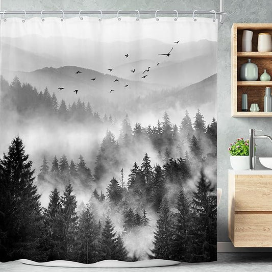 Riyidecor Black and White Shower Curtain 72Wx96H Inch Extra Long Mountain Scenery Nature Pine Tree Cool for Mens Scene View Landscape Bathroom Decor Fabric Polyester Waterproof 12 Pack Hooks