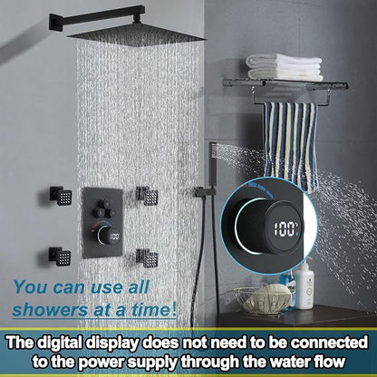 Solid Brass Shower Mixer Valve, Concealed 3 Way Outlet LED Digital Display Diverter Valve, Can Use All Options at A Time Black