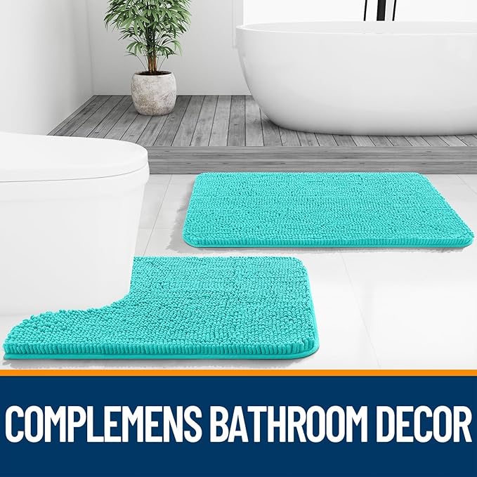 OLANLY Bathroom Rugs Sets 2 Piece, Soft Absorbent Chenille Bath Mats and U-Shaped Contour Toilet Mat Area Rug Set, Machine Washable Bath Carpet, Home Decor Accessories(36"x24"+24"x20", Teal)