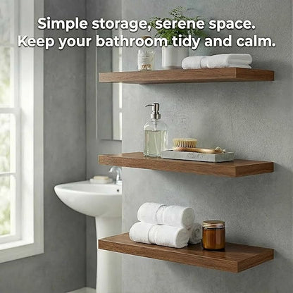 SAUMONIERES Floating Shelves Wall Shelf Solid Wood for Bathroom Bedroom Kitchen Storage Set of 3, Walnut Wall Shelves
