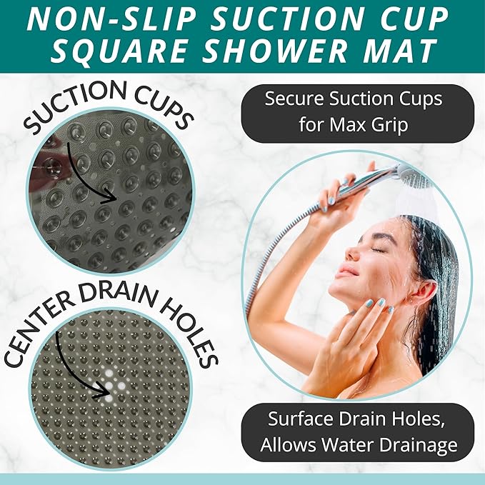 ENKOSI Square Shower Matt Non Slip - 21 x 21 - Shower Floor Mat - Anti Slip Mats for Shower Stall - Shower Bath Mat - Shower Grip Mat (21x21 Clear Grey)