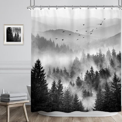Riyidecor Mountain Shower Curtain 60Wx72H Inch Black Pine Tree Nature Scenery Woodland Landscape Rustic Mens Bathroom Decor Fabric Polyester Waterproof 12 Pack Hooks