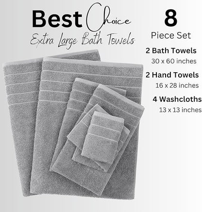Casa Platino 100% Cotton 8 Piece Bath Towel Set - Ring Spun, Quick Dry, Super Soft & Highly Absorbent - 2 Bath, 4 Washcloths, 2 Bathroom Hand Towels - Hotel Quality Bathroom Towel Set - Ultimate Grey