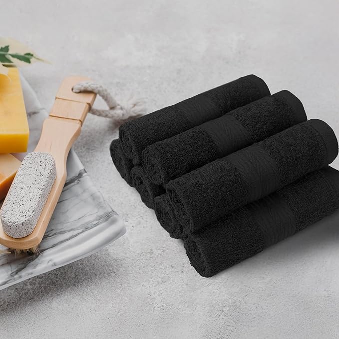 Amazon Basics Cotton Washcloths for Face, Soft, Absorbent, 12-Pack, Black, 12 Inch x 12 Inch