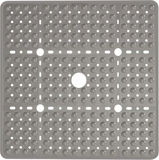 Large Square Shower Mat Non Slip 27 x 27 Inch, Soft Bath Mat Tub Mat for Inside Shower Bathroom Floor, Shower Stall Mats With Big Suction Cup Drain Holes, Easy Washable, BPA-Free, Clear Gray