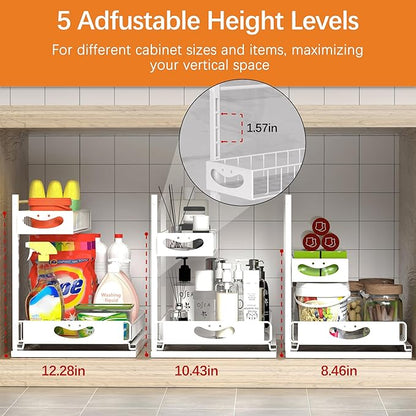 Under Sink Organizer with Pull-Out Drawers,Kitchen Sink Organizer,2 Tier Bathroom Organizers And Storage,Bathroom Accessories Set,White 1 Pack