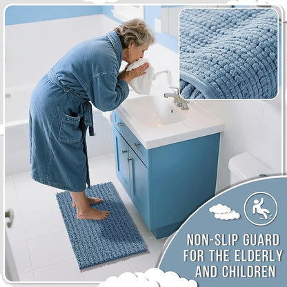 Yimobra Bathroom Rugs Sets 2 Piece - Quick Dry Extra Thick Luxury Chenille Bath Mat, Non Slip Super Absorbent for Tub Shower Sink, Machine Washable Shaggy Floor Mat, 32"x20"+24"x17" Inch, Denim Blue