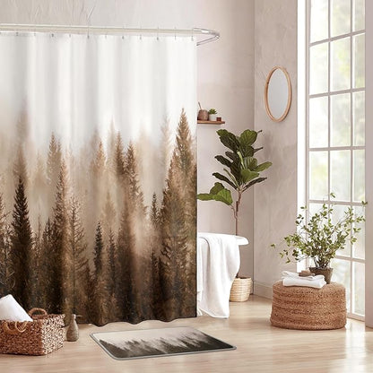 ORTIGIA Brown Misty Forest Shower Curtain for Bathroom, Nature Woodland Shower Curtain Set with Hooks, Decorative Pine Tree Fog Magic Bath Curtain for Home, Waterproof Fabric, Weighted, 72x72