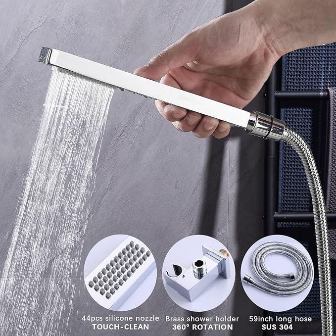 Thermostatic Shower Faucet Set Polished Chrome Rain Shower System with Tub Spout, 12 Inch Ceiling Mounted LED Shower Head and Handheld Spray, 6 PCS Body Jets, 4 Way Brass Shower Vlave
