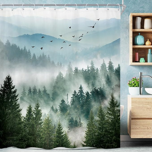 Riyidecor Green Mountain Shower Curtain 72Wx84H Inch Extra Long Nature Scenery Foggy Pine Tree Scenic Landscape Woodland Rustic Mens Bathroom Decor Fabric Polyester Waterproof 12 Pack Hooks