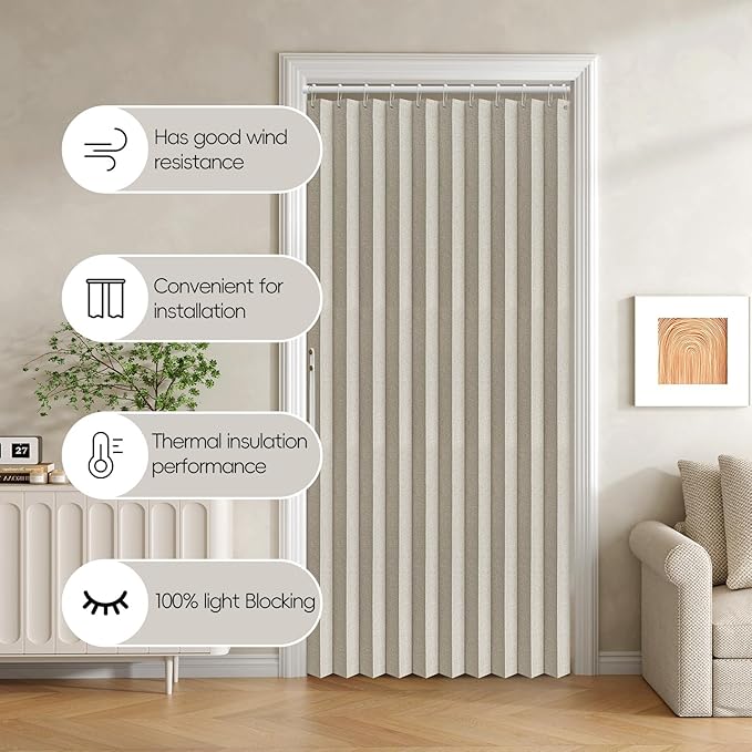 Accordian Door Curtain, 100% Blackout Folding Magnetic Doorway Curtains,Linen Style Closet Doors,for Room Divider,Privacy Protection（W52 x L78,Off White,1 Panel）