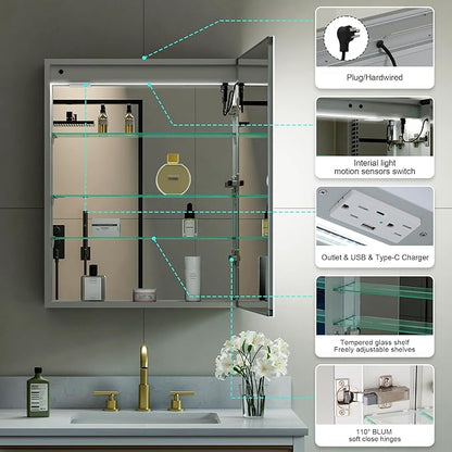 WELLFOR 24" X 30" LED Medicine Cabinet with Mirror, Single Right Opening Door, Recessed or Surface Cabinet Mirror, Bathroom Mirror Cabinet, Medicine Cabinet with Lights with Outlets & USB Ports