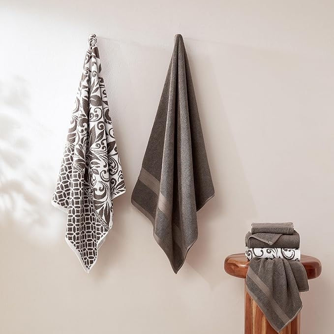 Modern Threads Trefoil Filigree 6-Piece 100% Cotton Towel Set – Reversible Yarn Dyed Jacquard – Includes 2 Bath Towels, 2 Hand Towels, 2 Washcloths – Absorbent, Quick Dry, Soft & Durable – Mocha Brown